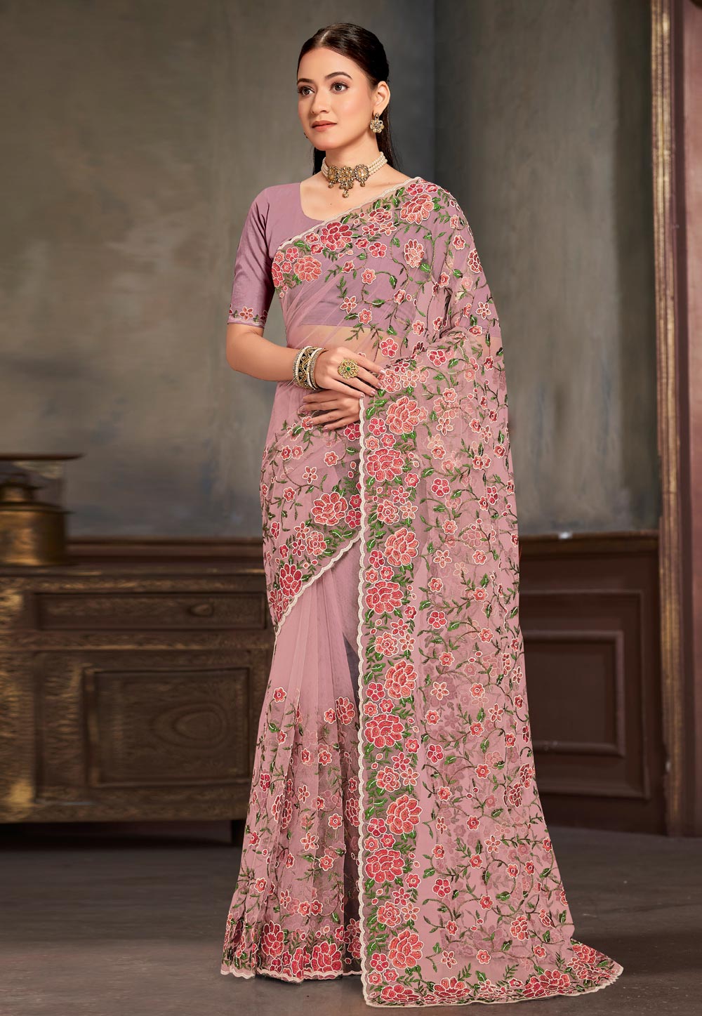 Pink Net Saree With Blouse 306763