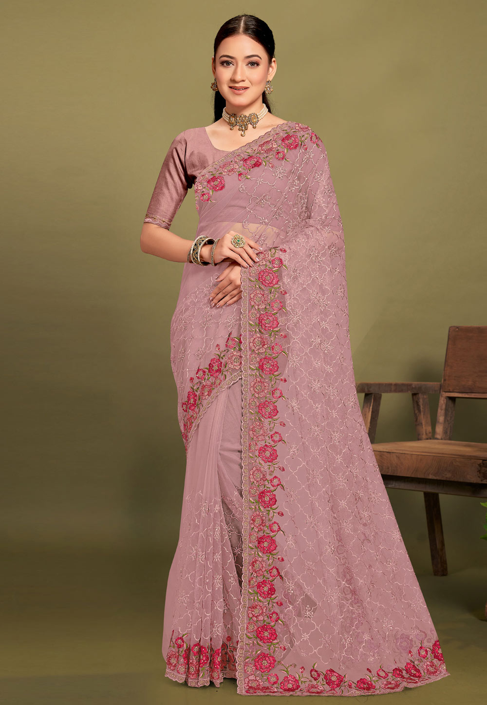 Pink Net Saree With Blouse 306757