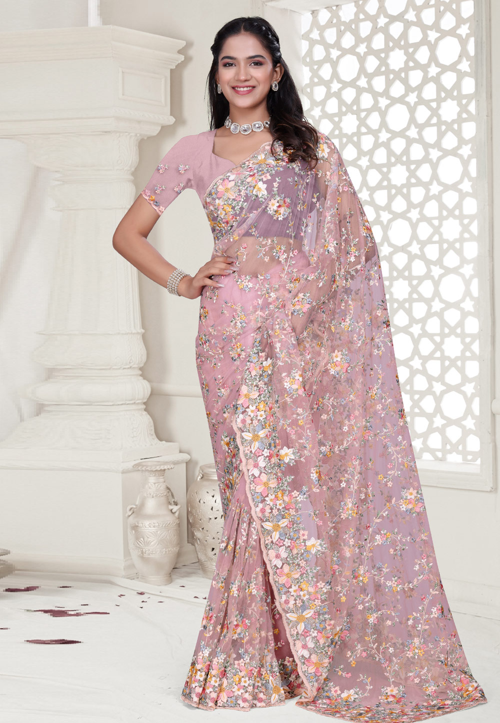 Pink Net Saree With Blouse 313681