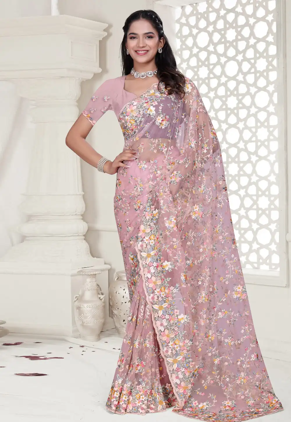 Pink Net Saree With Blouse 313681