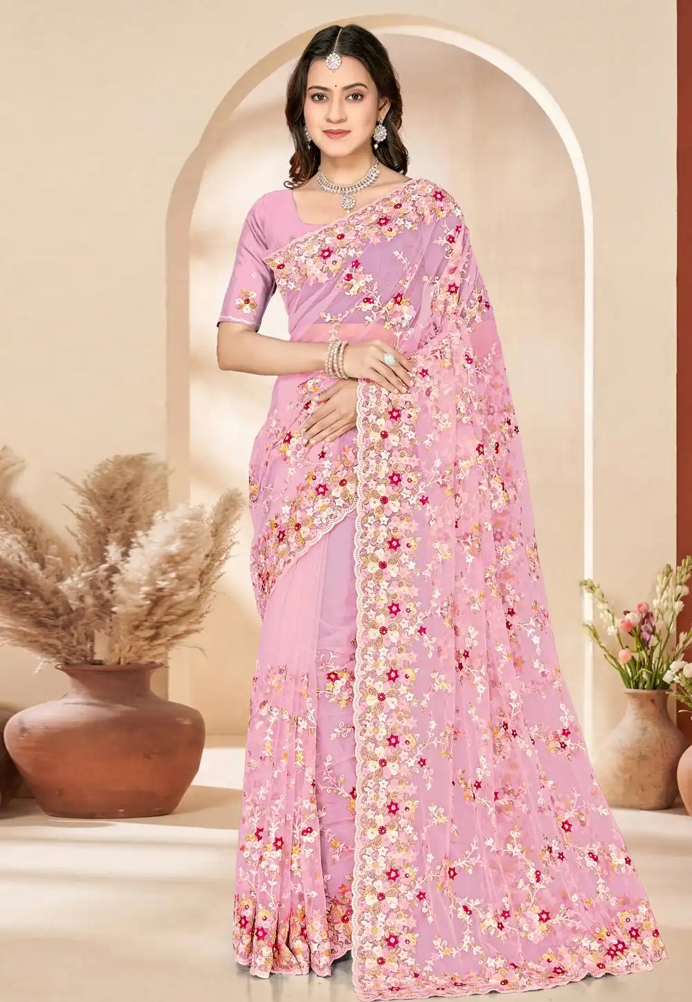 Pink Net Saree With Blouse 324916
