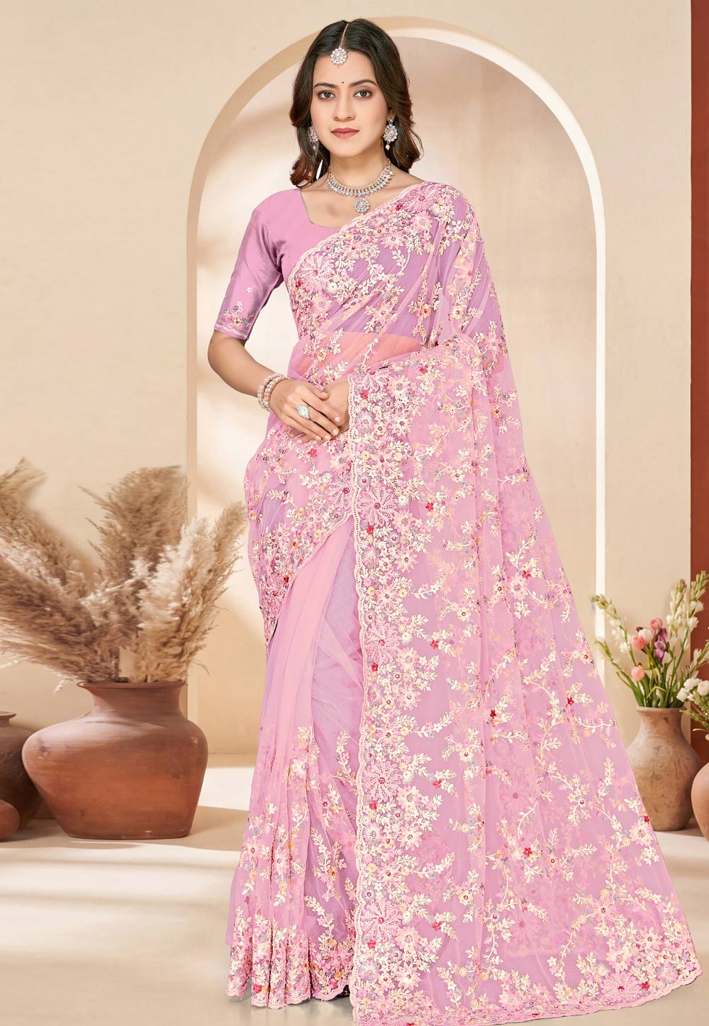 Pink Net Saree With Blouse 325414