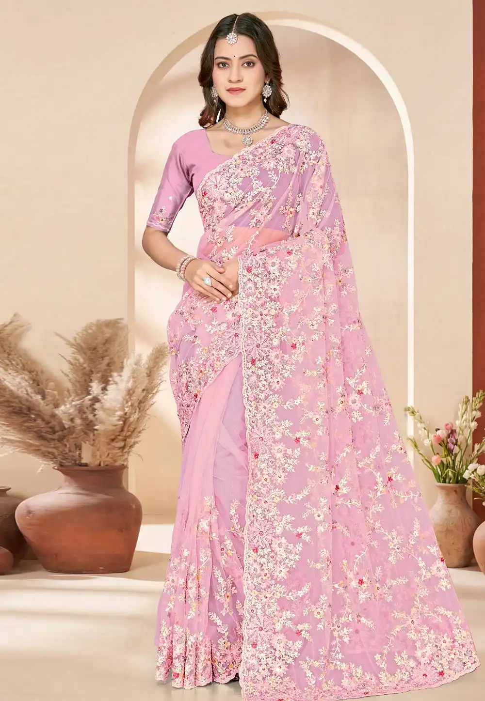 Pink Net Saree With Blouse 325414