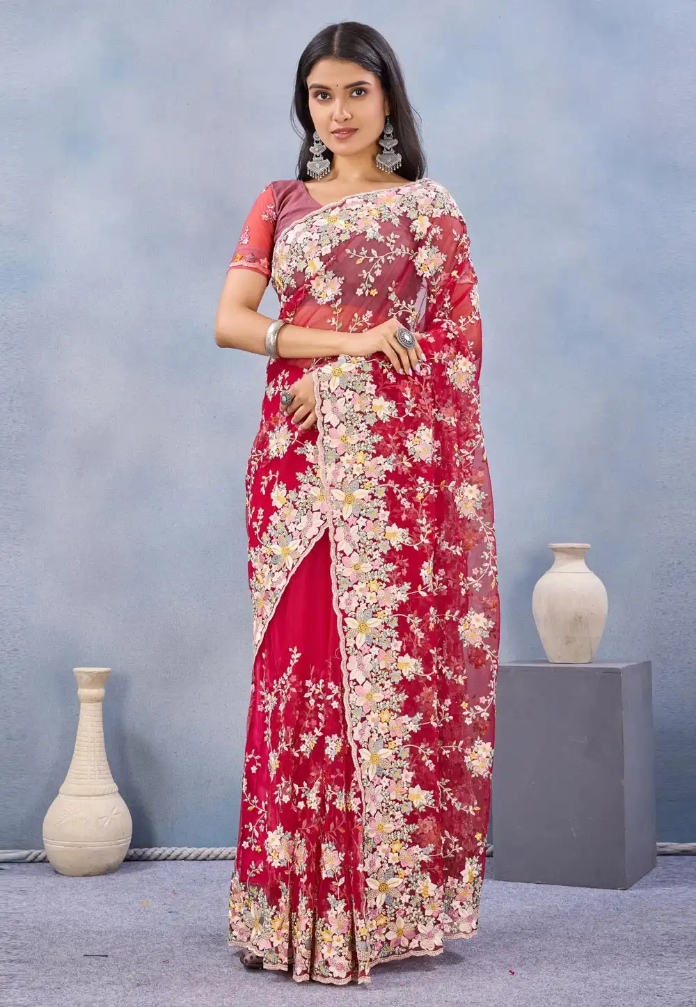 Pink Net Saree With Blouse 327626