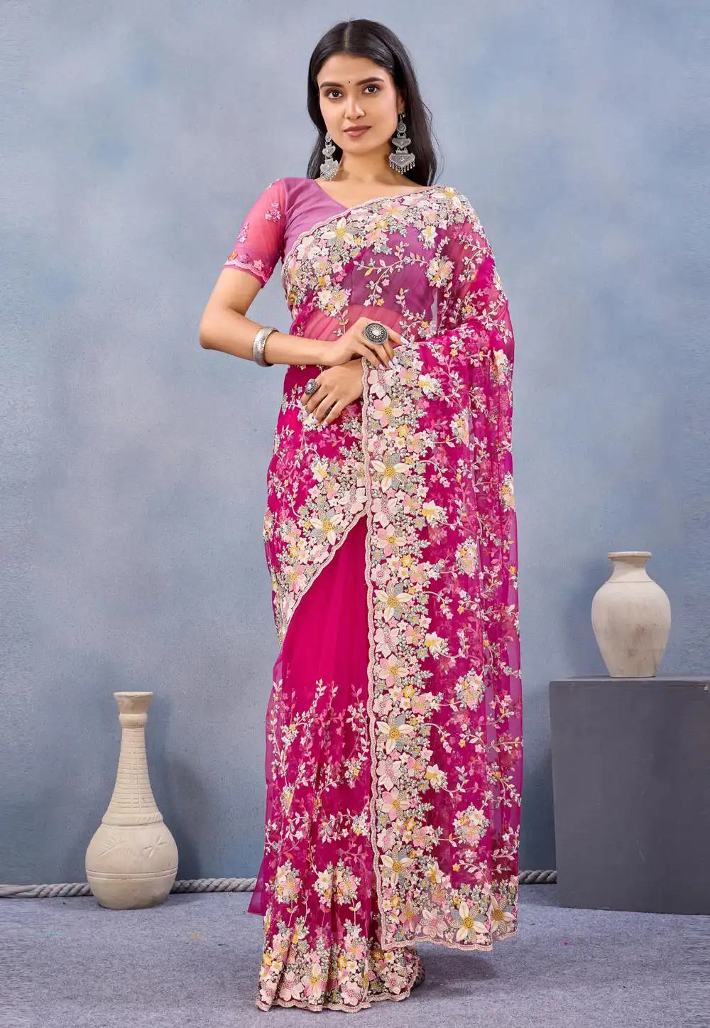Pink Net Saree With Blouse 327629