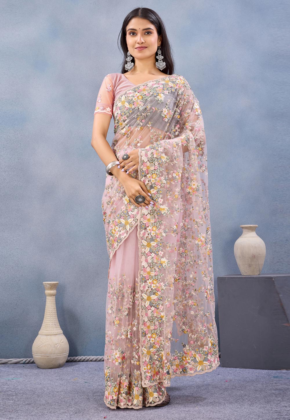 Pink Net Saree With Blouse 327634