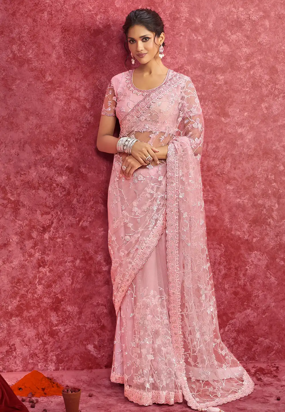 Pink Net Saree With Blouse 317264