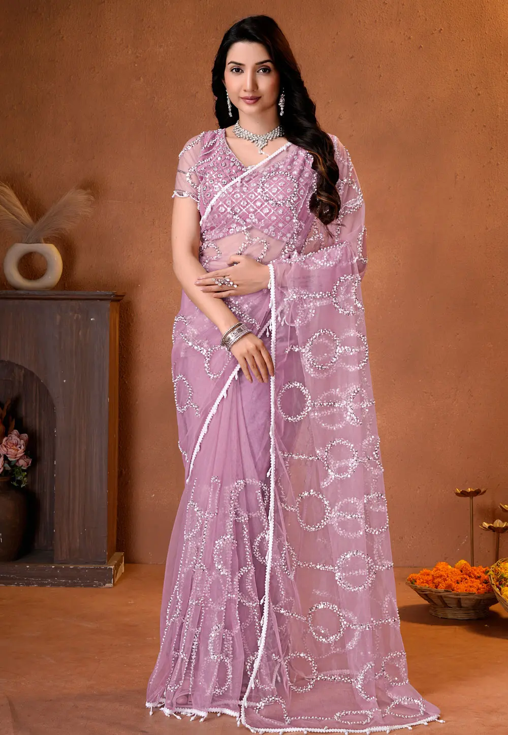 Pink Net Saree With Blouse 331580
