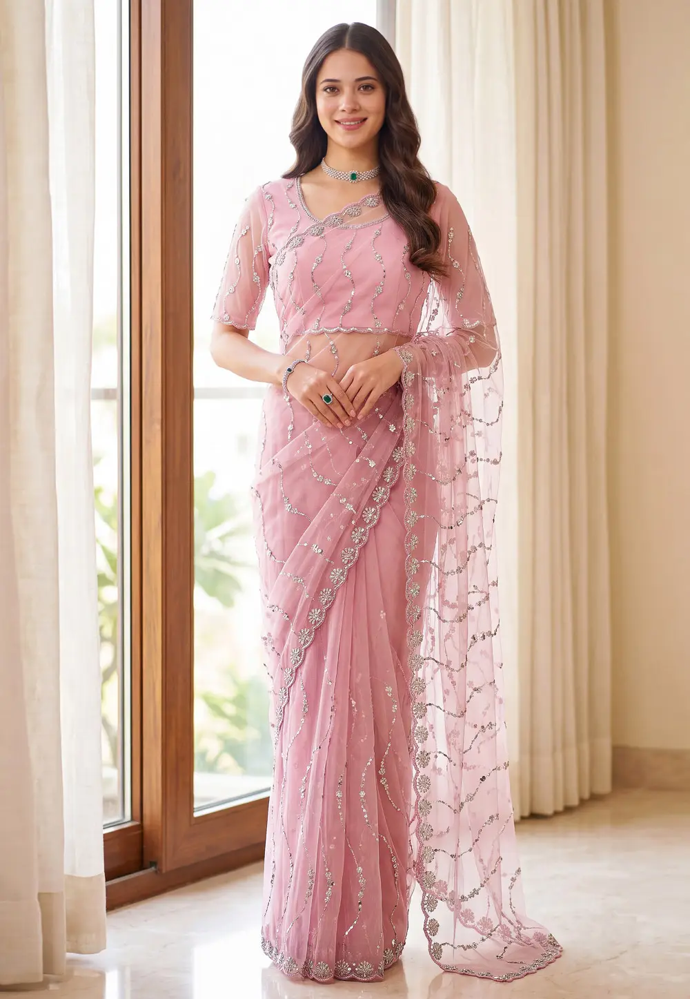 Pink Net Saree With Blouse 333401