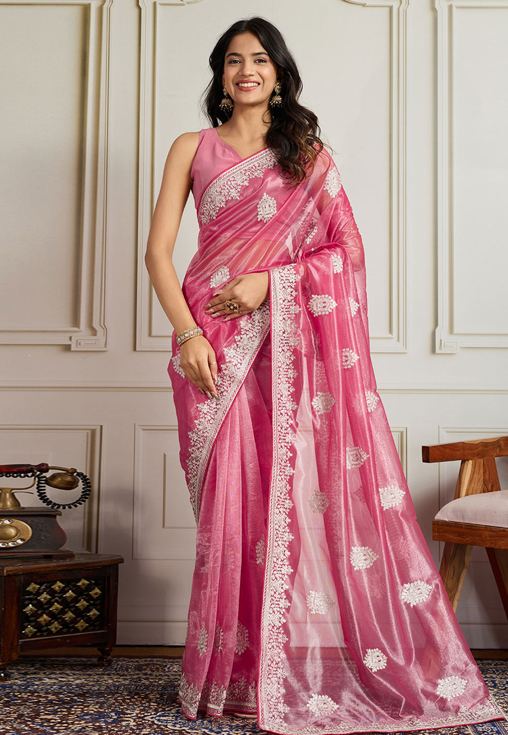 Pink Net Saree With Blouse 316713