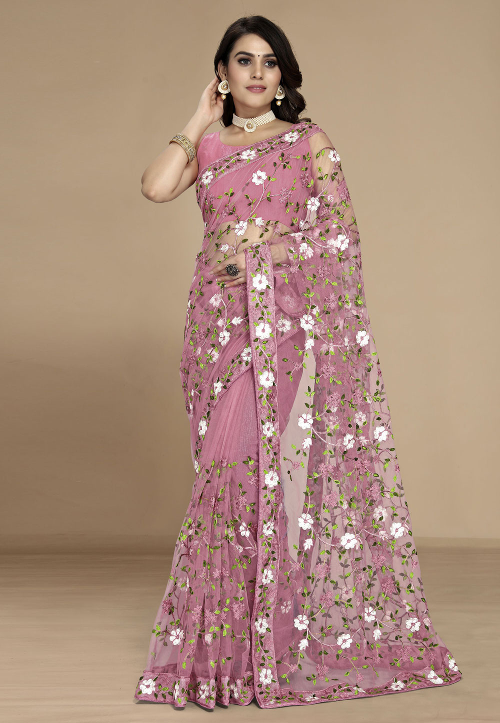 Pink Net Saree With Blouse 311591
