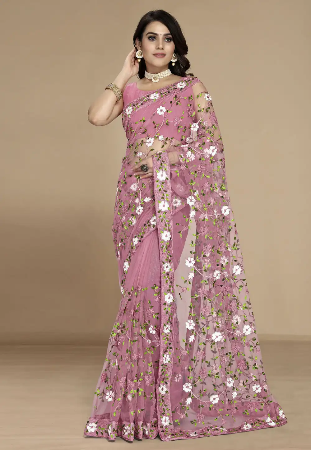 Pink Net Saree With Blouse 311591