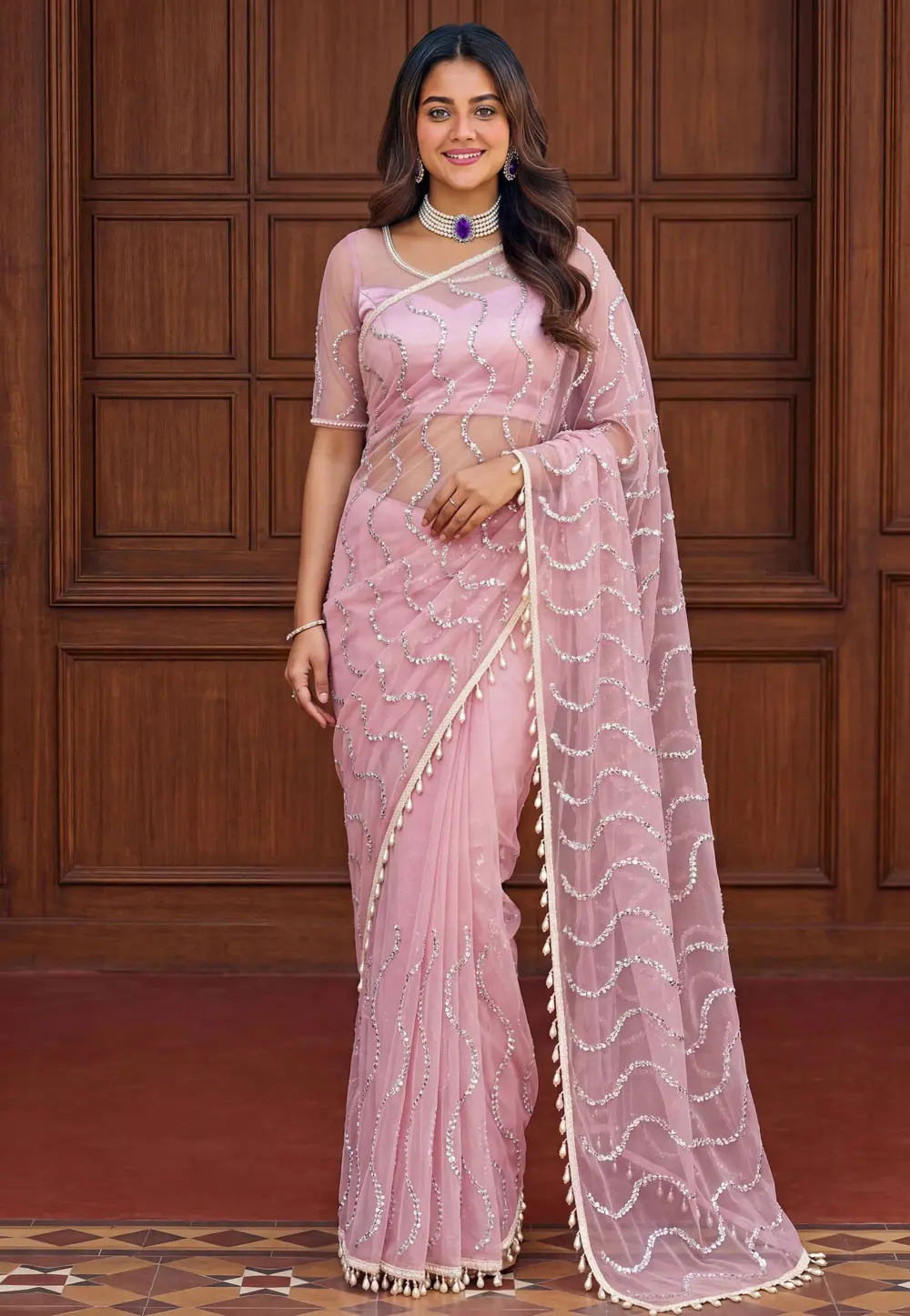 Pink Net Saree With Blouse 331506