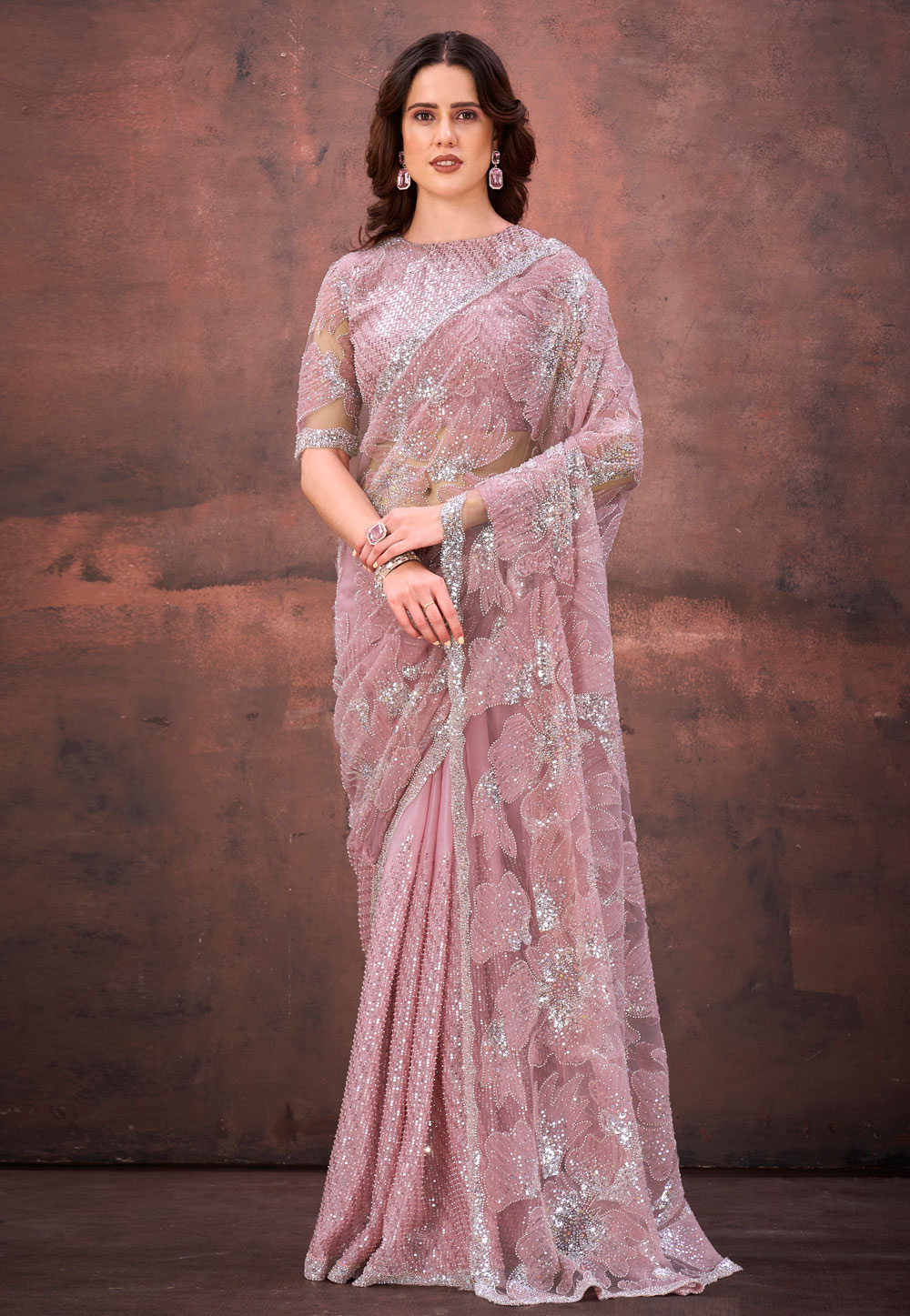 Pink Net Sequence Saree 320323