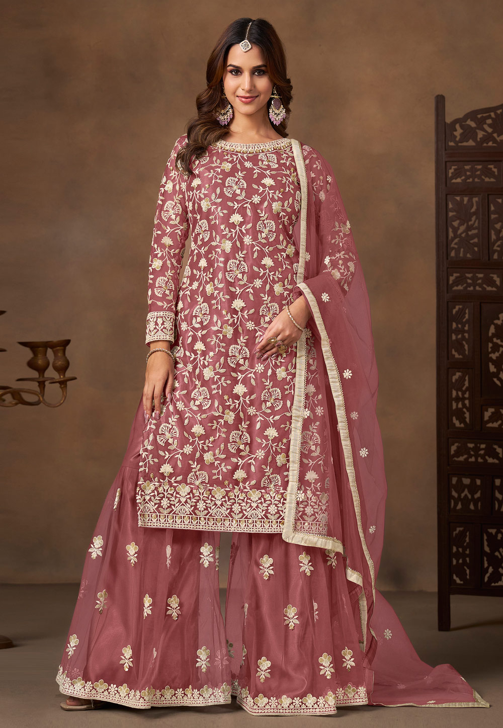 Pink Net Sharara Suit 320371