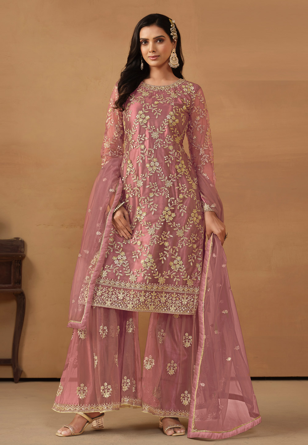 Pink Net Sharara Suit 281546
