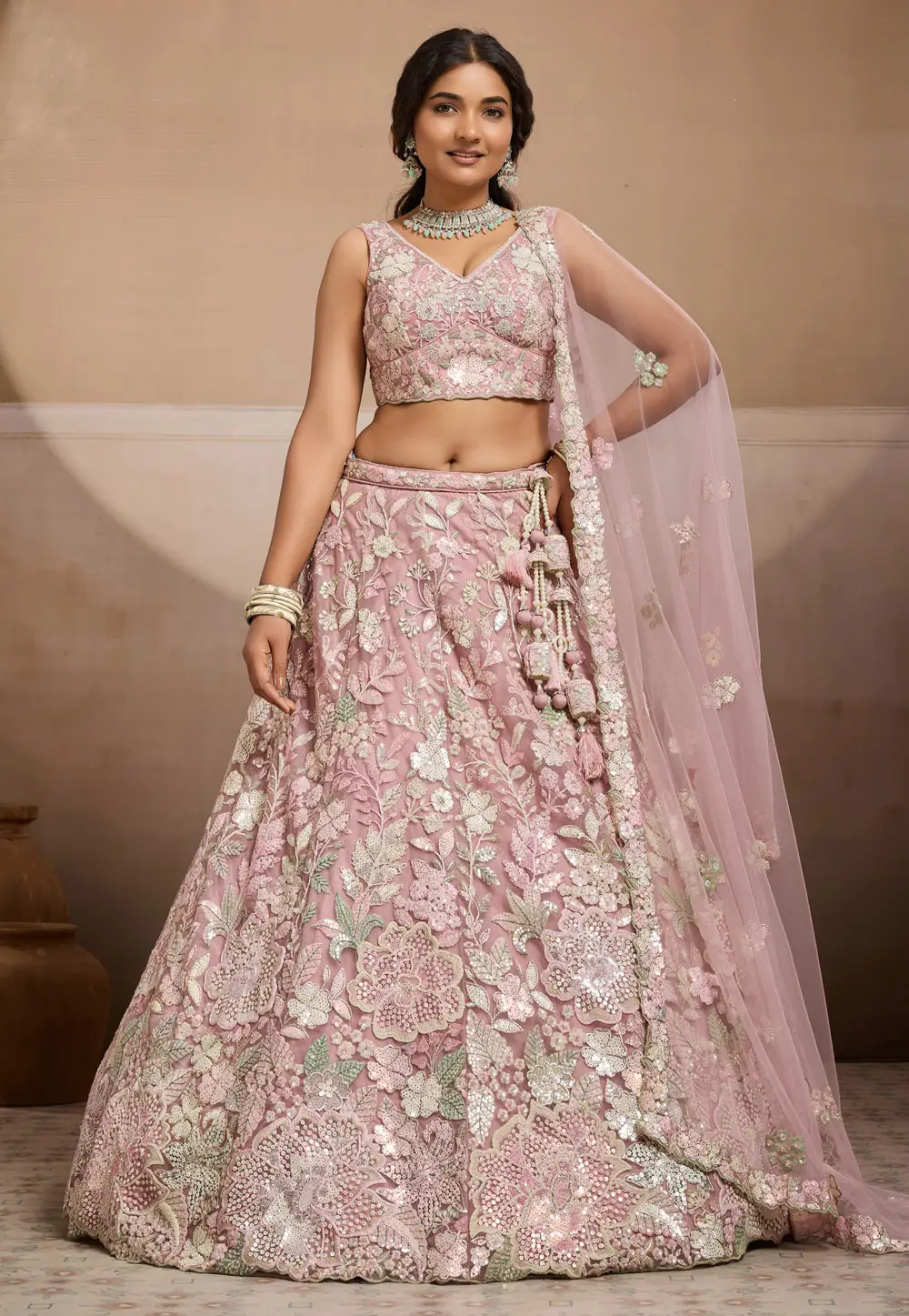 Pink Net Wedding Lehenga Choli 333723