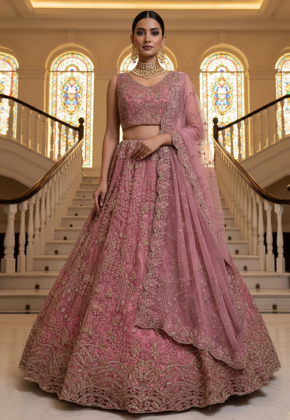Pink Net Wedding Lehenga Choli 320543