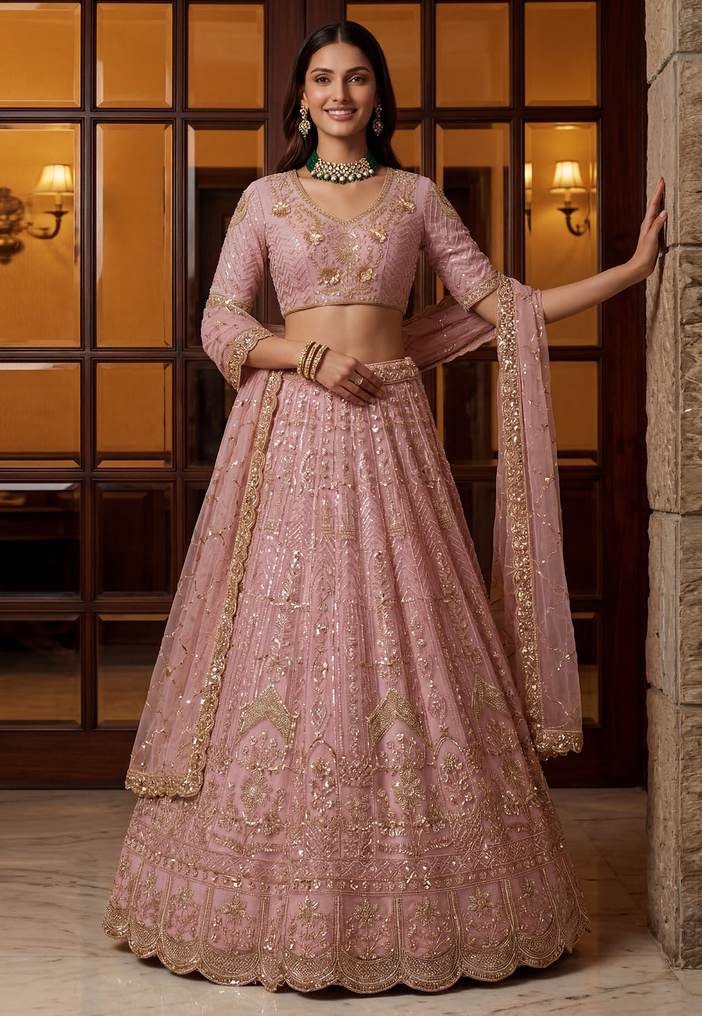 Pink Net Wedding Lehenga Choli 327006