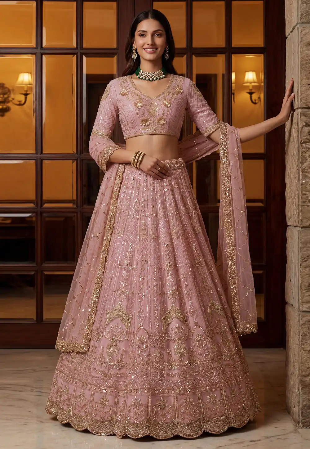 Pink Net Wedding Lehenga Choli 327006