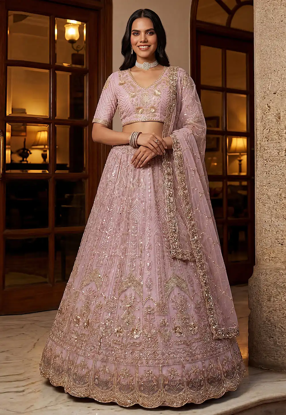 Pink Net Wedding Lehenga Choli 327008