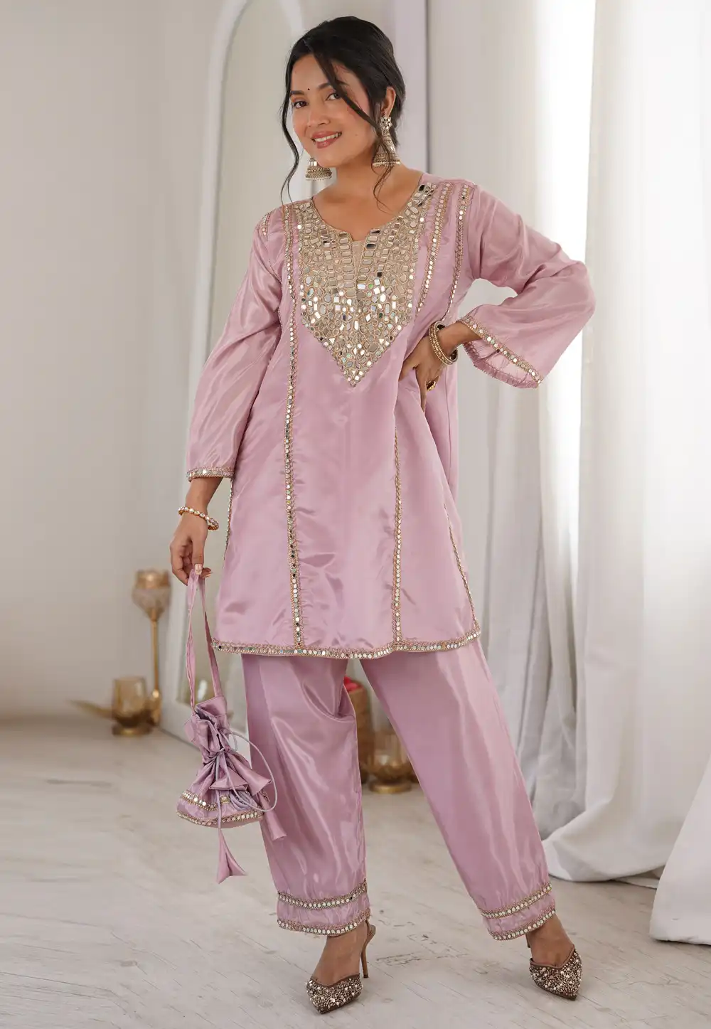 Pink Organza Kurta Set With Pant 326339
