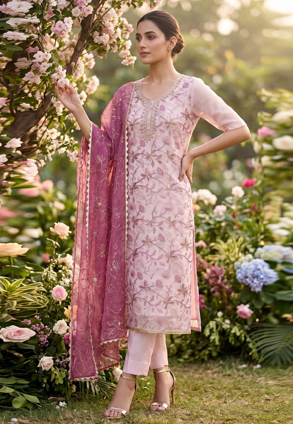 Pink Organza Pant Style Suit 329272