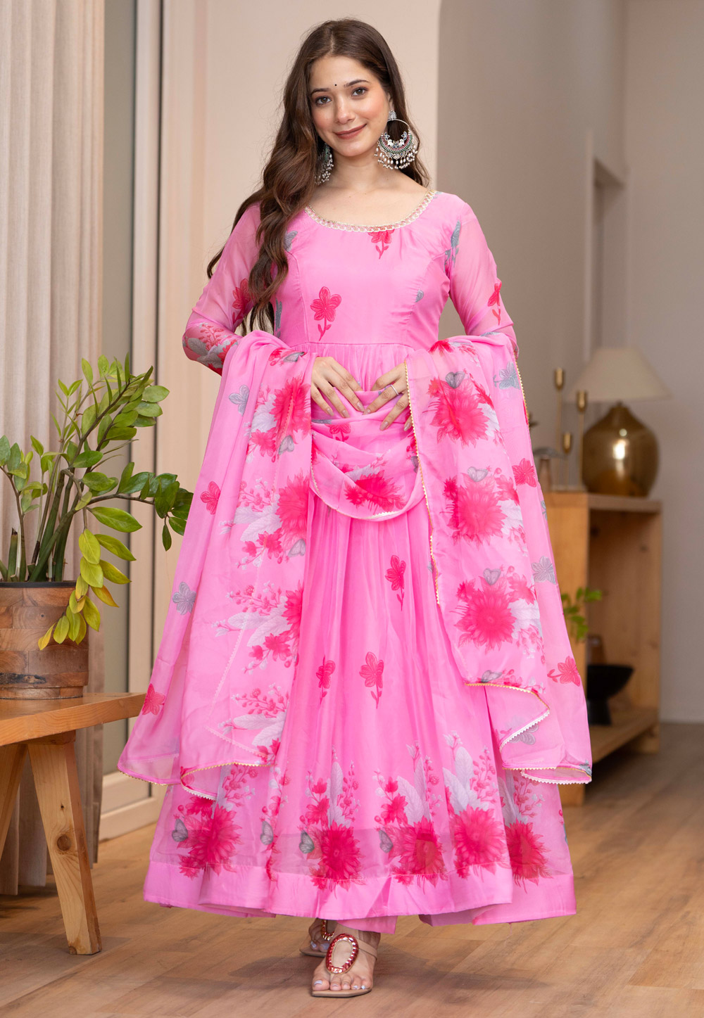 Pink Organza Readymade Anarkali Suit 328573