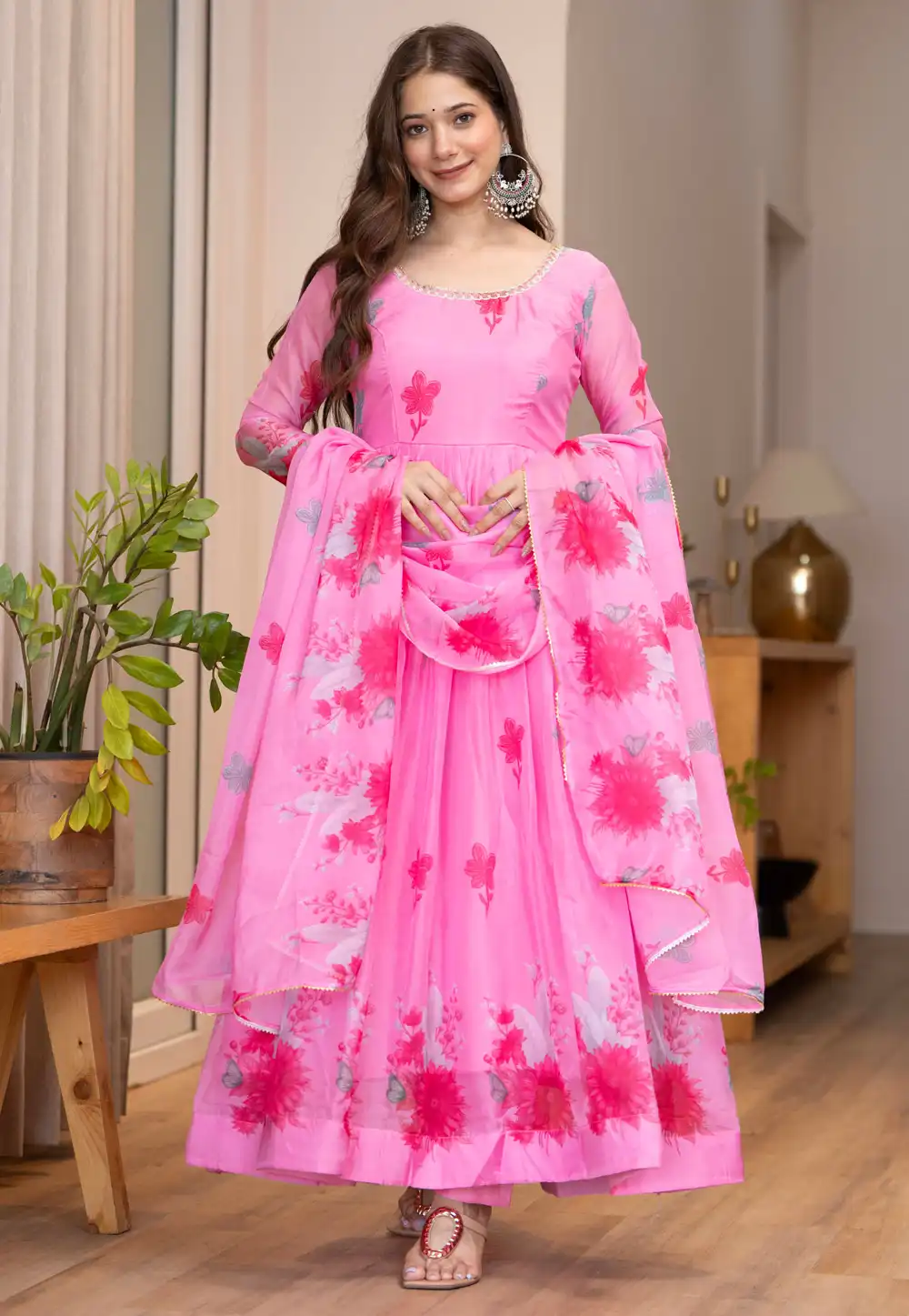 Pink Organza Readymade Anarkali Suit 328573