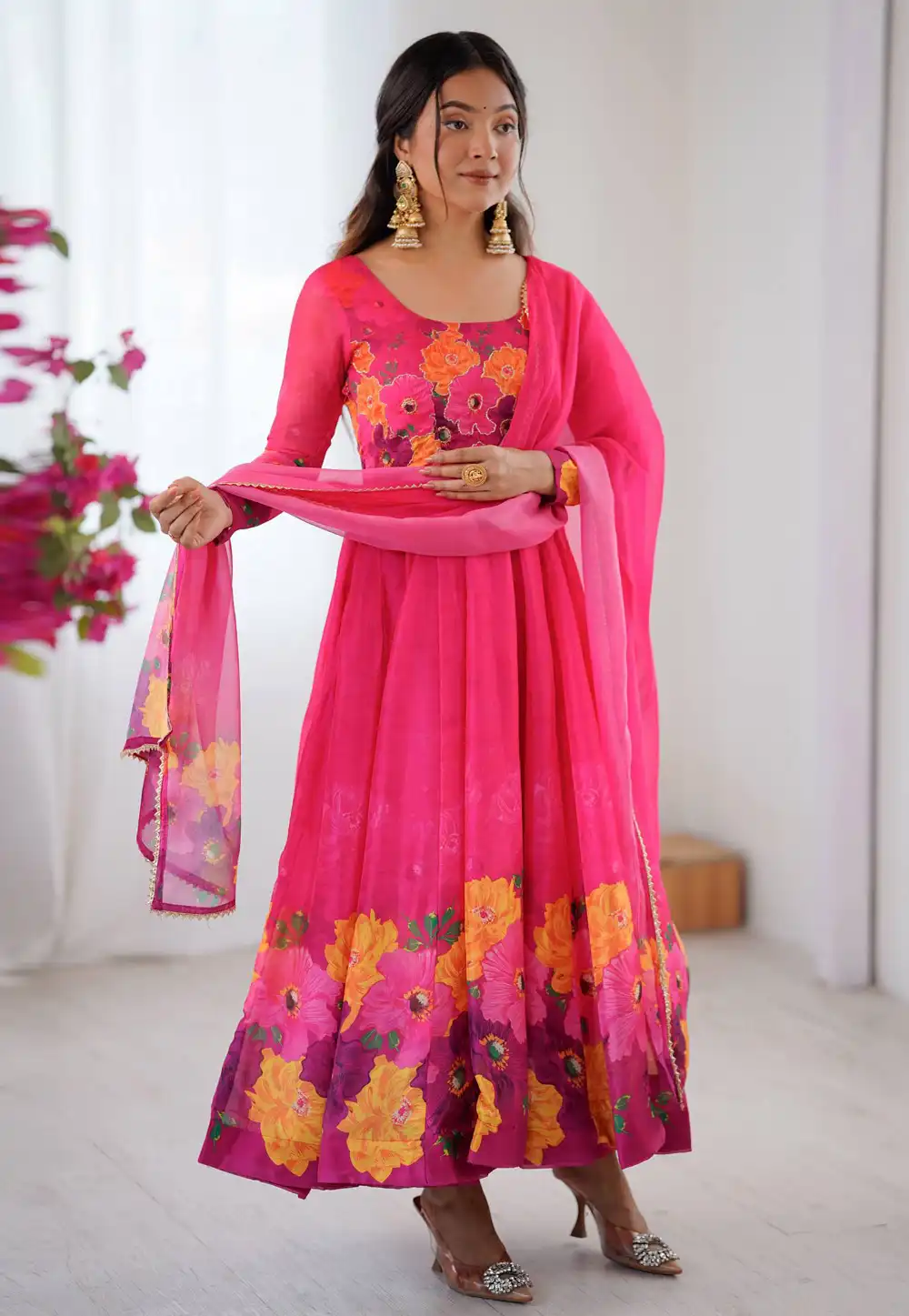 Pink Organza Readymade Anarkali Suit 328888