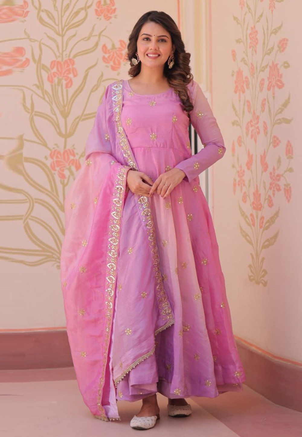 Pink Organza Readymade Long Anarkali Suit 311530