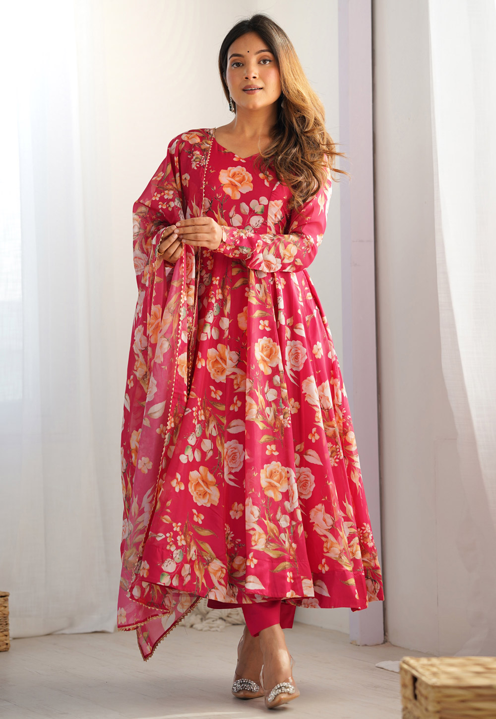 Pink Organza Readymade Pant Style Suit 311543
