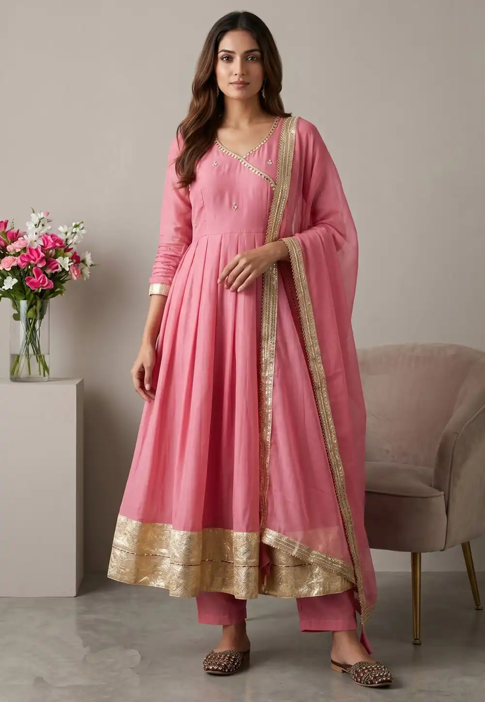 Pink Organza Readymade Pant Style Suit 330717