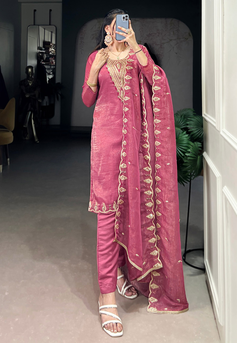 Pink Organza Readymade Pant Style Suit 310498