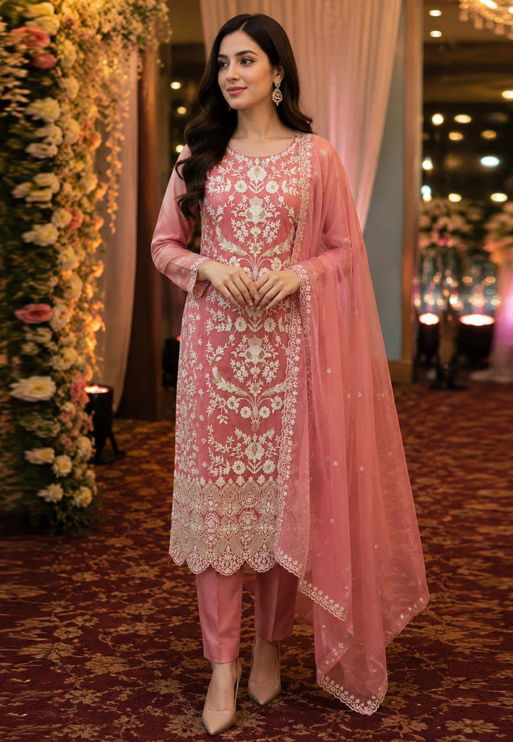 Pink Organza Readymade Pant Style Suit 329710