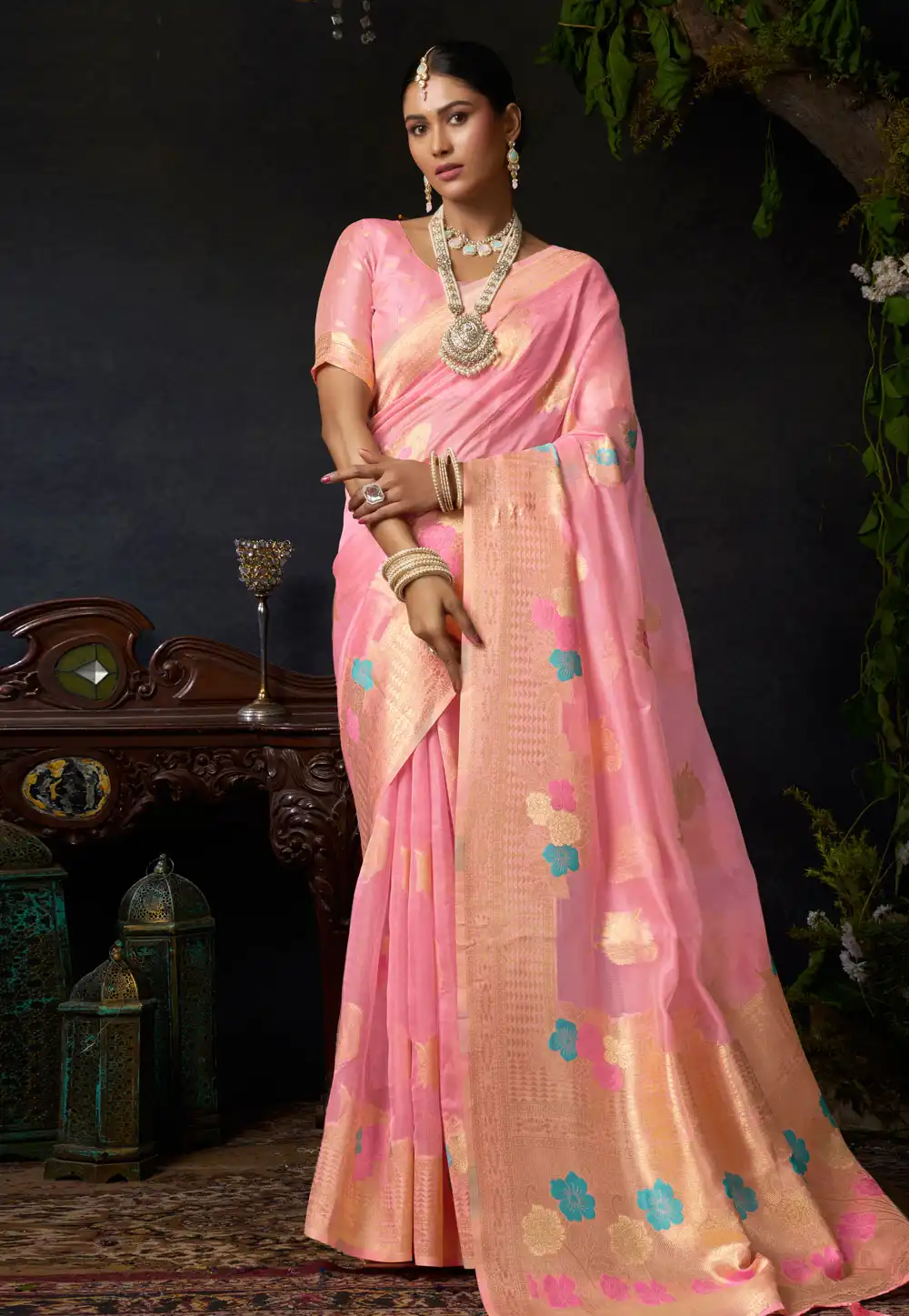 Pink Organza Saree With Blouse 317717