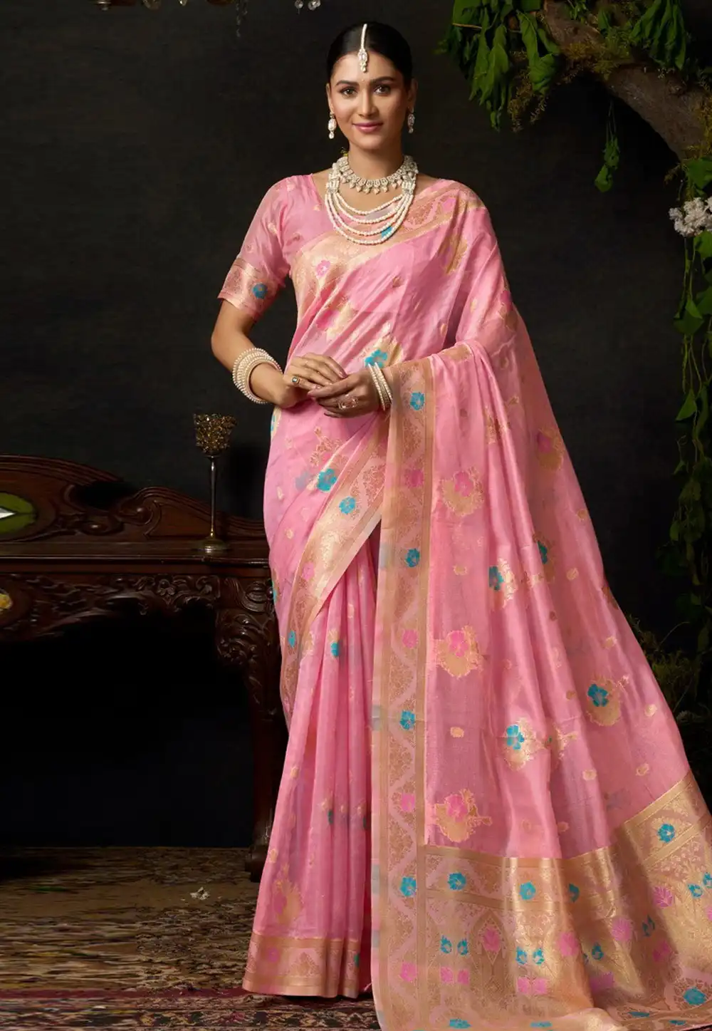 Pink Organza Saree With Blouse 318426