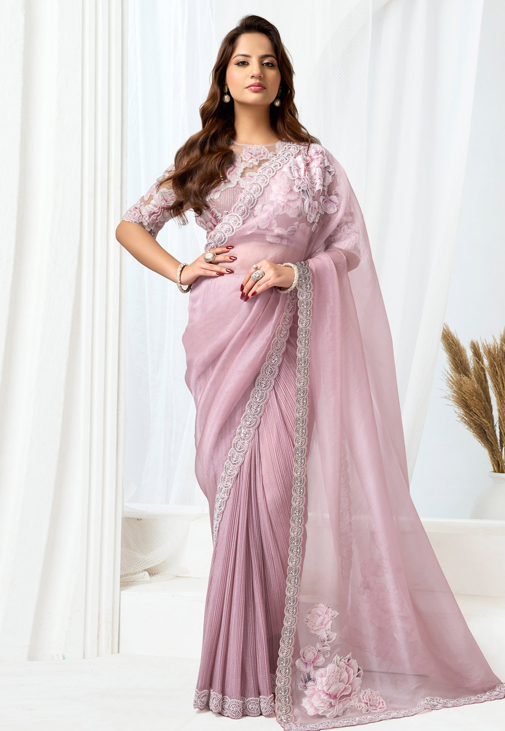 Pink Organza Saree With Blouse 326857