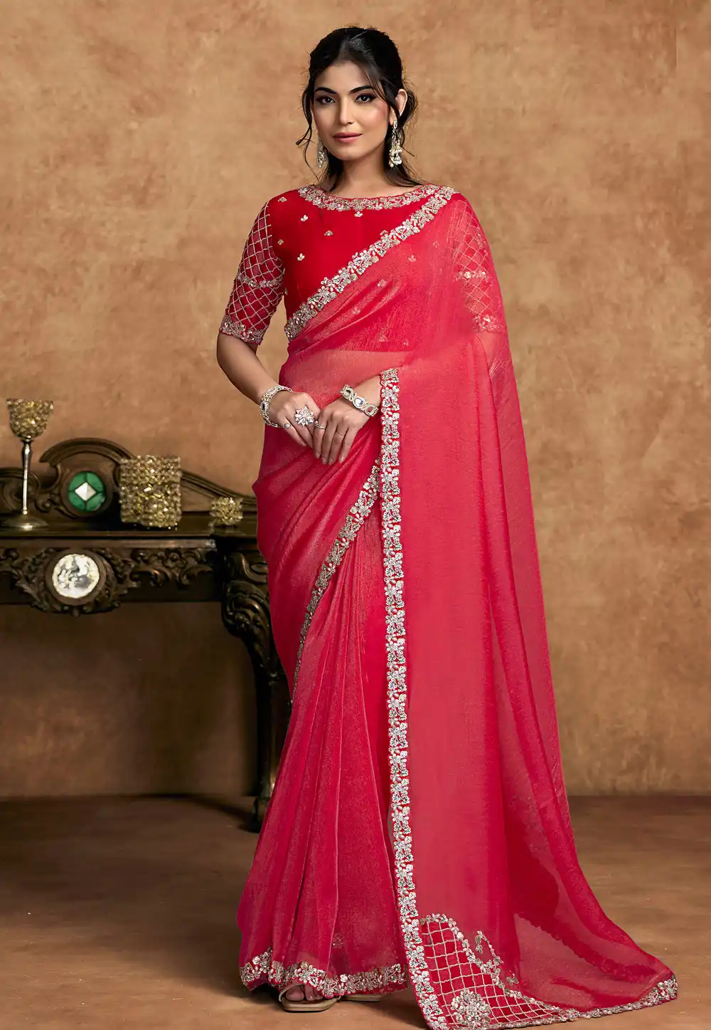 Pink Organza Saree With Blouse 326454