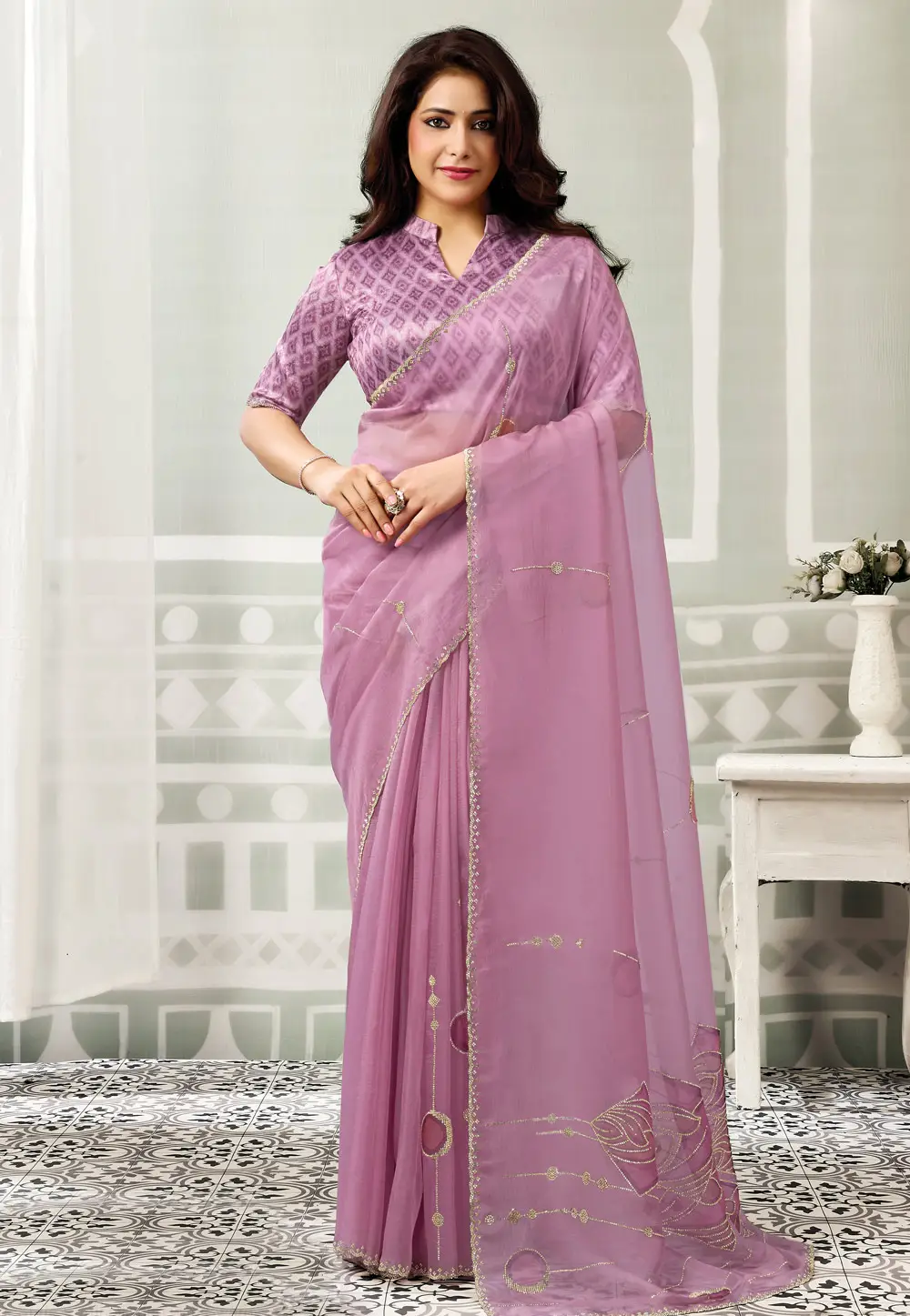 Pink Organza Saree With Blouse 334395