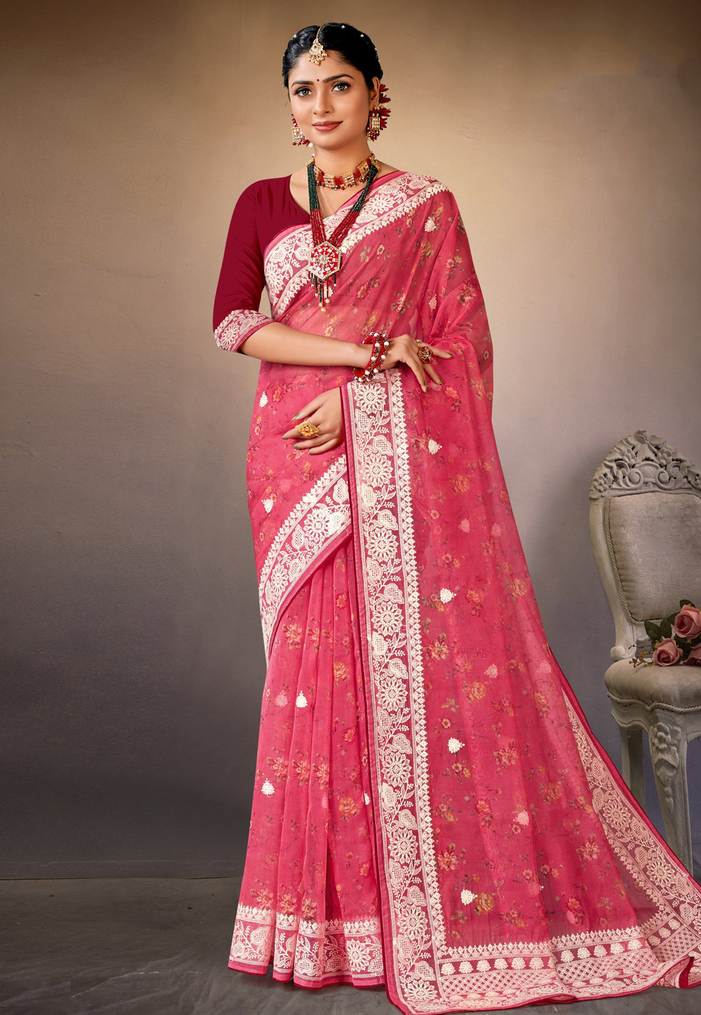 Pink Organza Saree With Blouse 278747