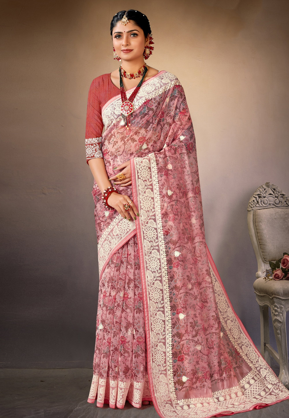Pink Organza Saree With Blouse 278755