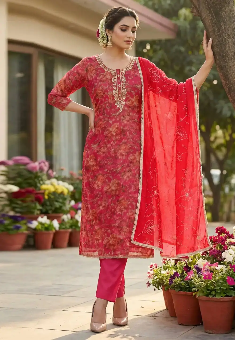 Pink Organza Straight Suit 327435