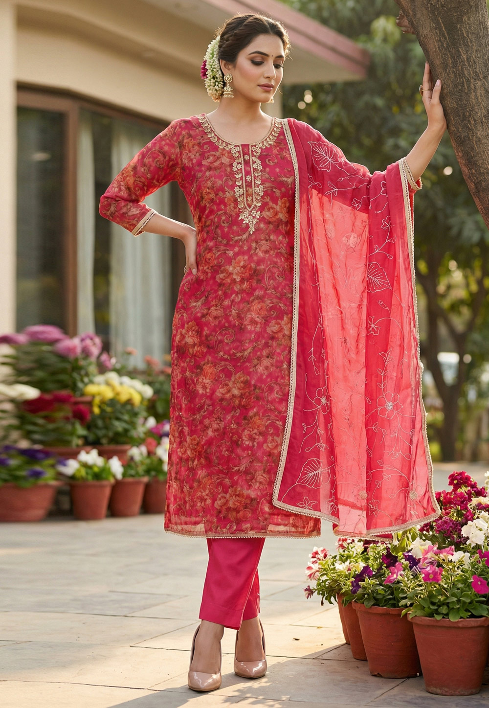 Pink Organza Straight Suit 327435