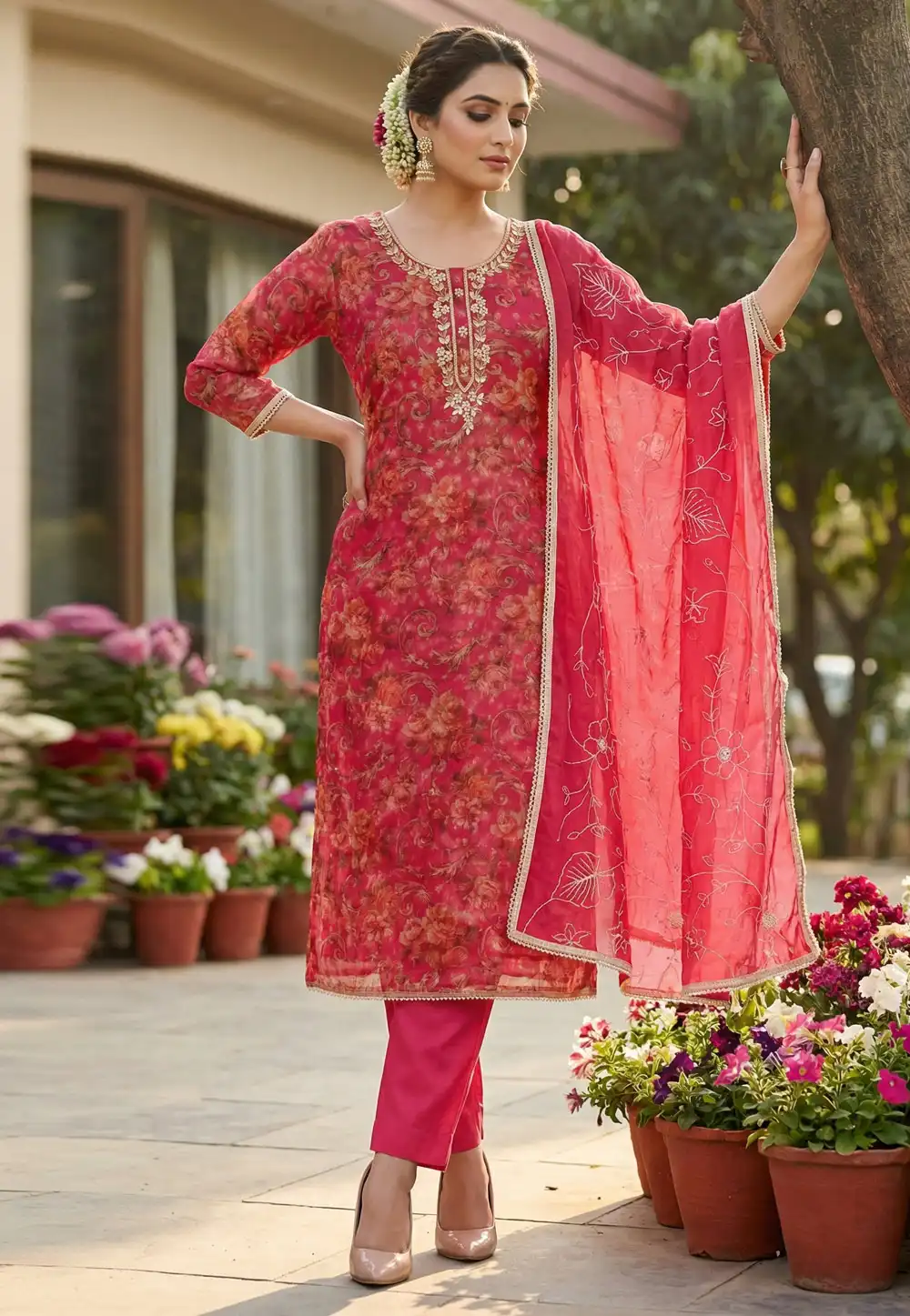 Pink Organza Straight Suit 327435