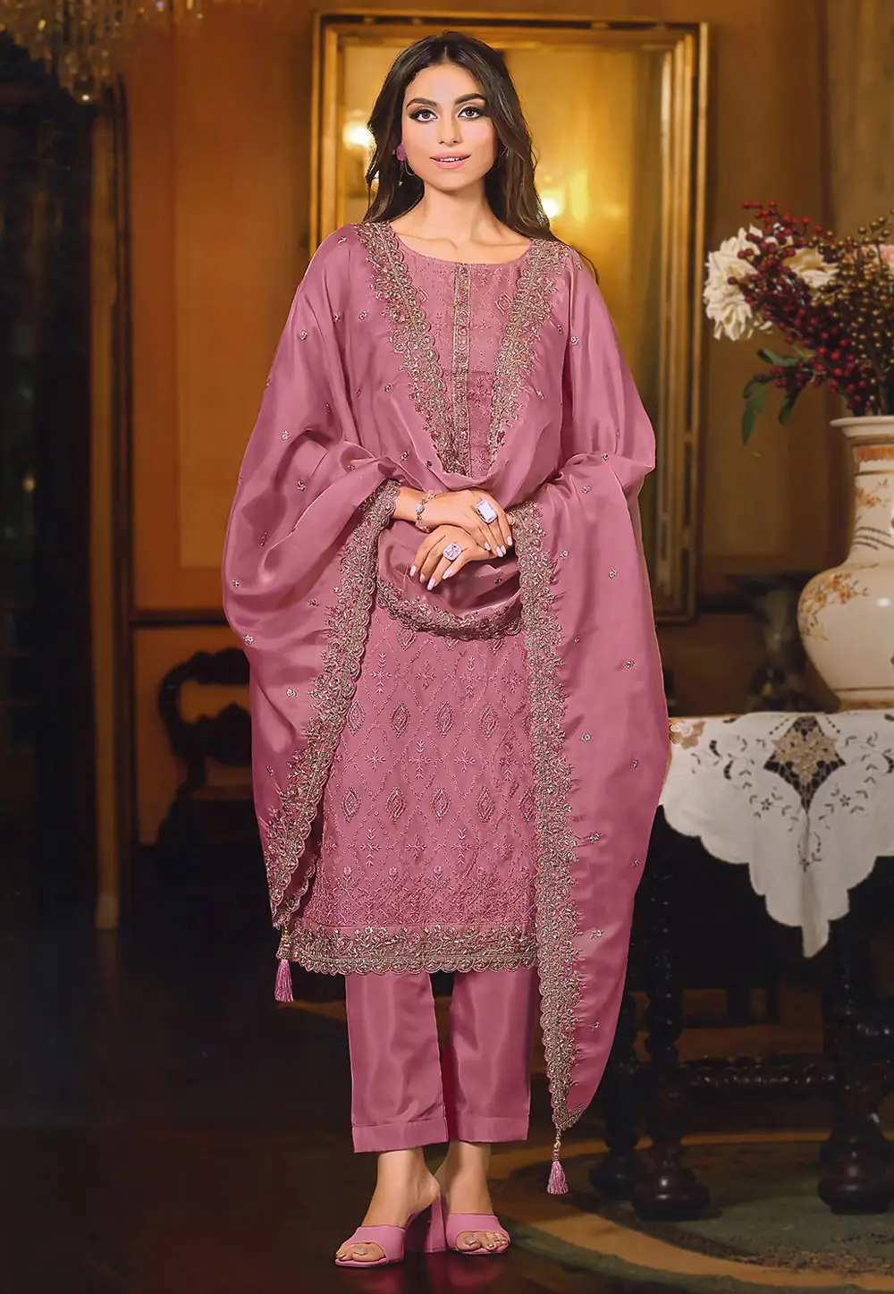 Pink Organza Straight Suit 336789