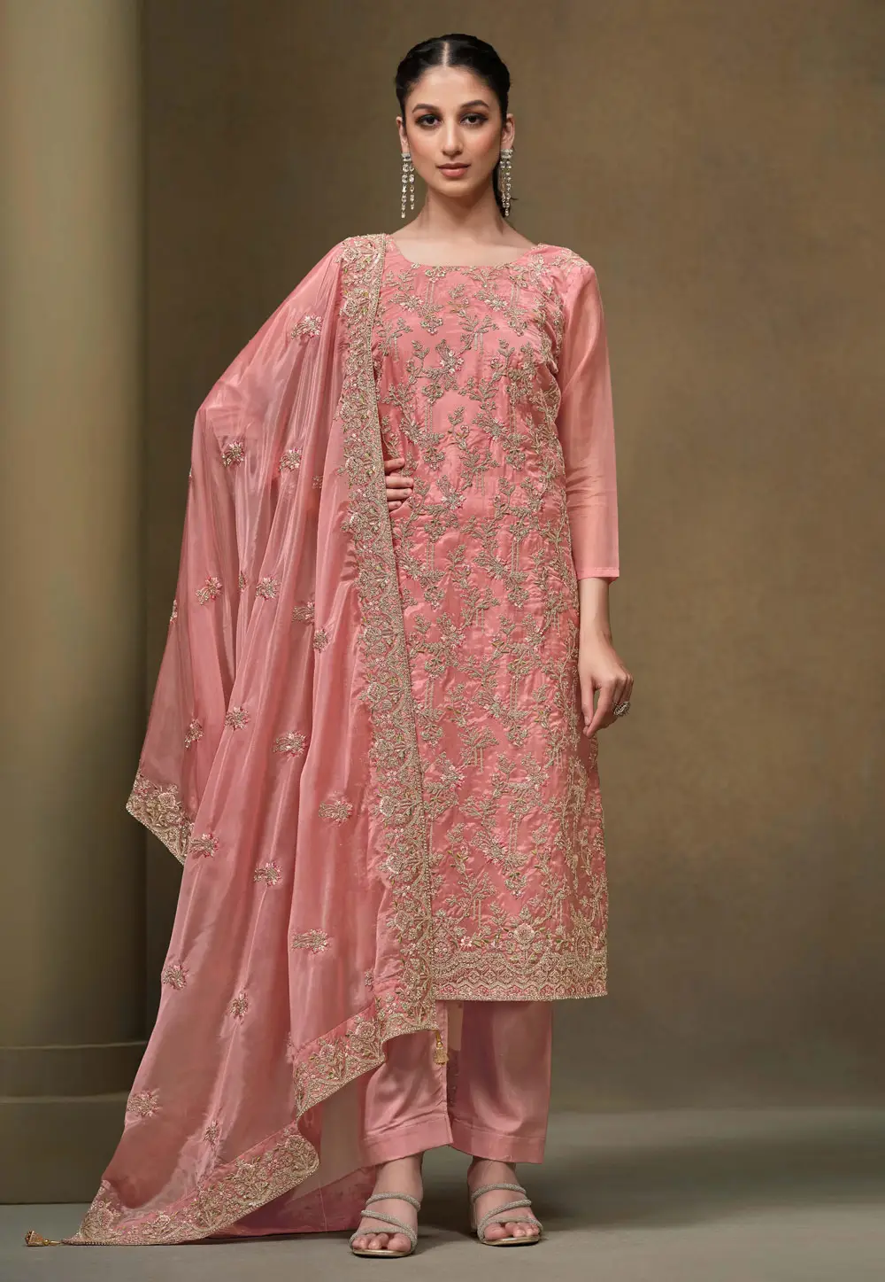 Pink Organza Straight Suit 336763
