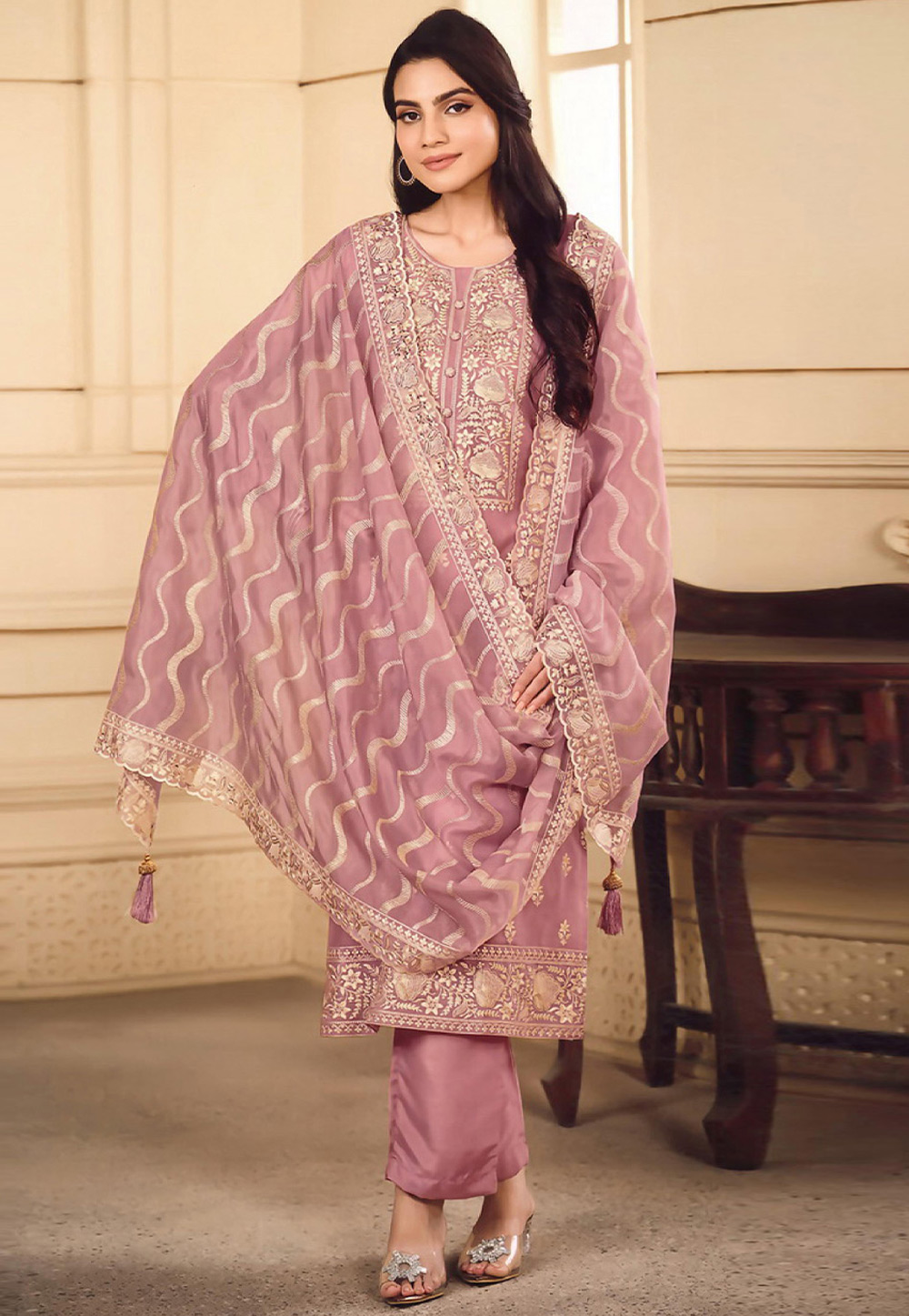 Pink Organza Straight Suit 321183