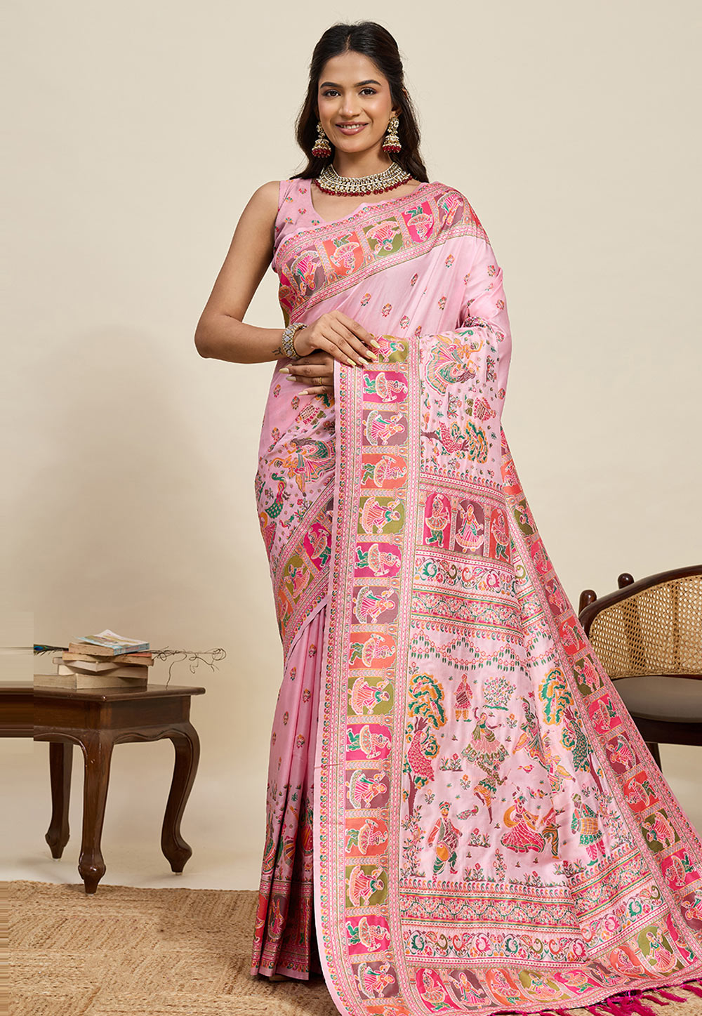 Pink Pashmina Saree With Blouse 323027