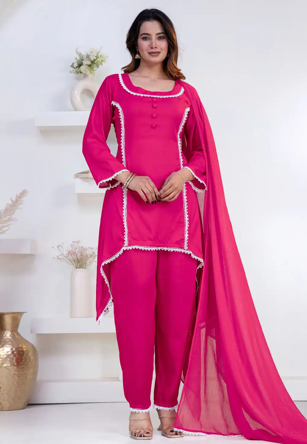 Pink Rayon Asymmetrical Anarkali Suit 325457